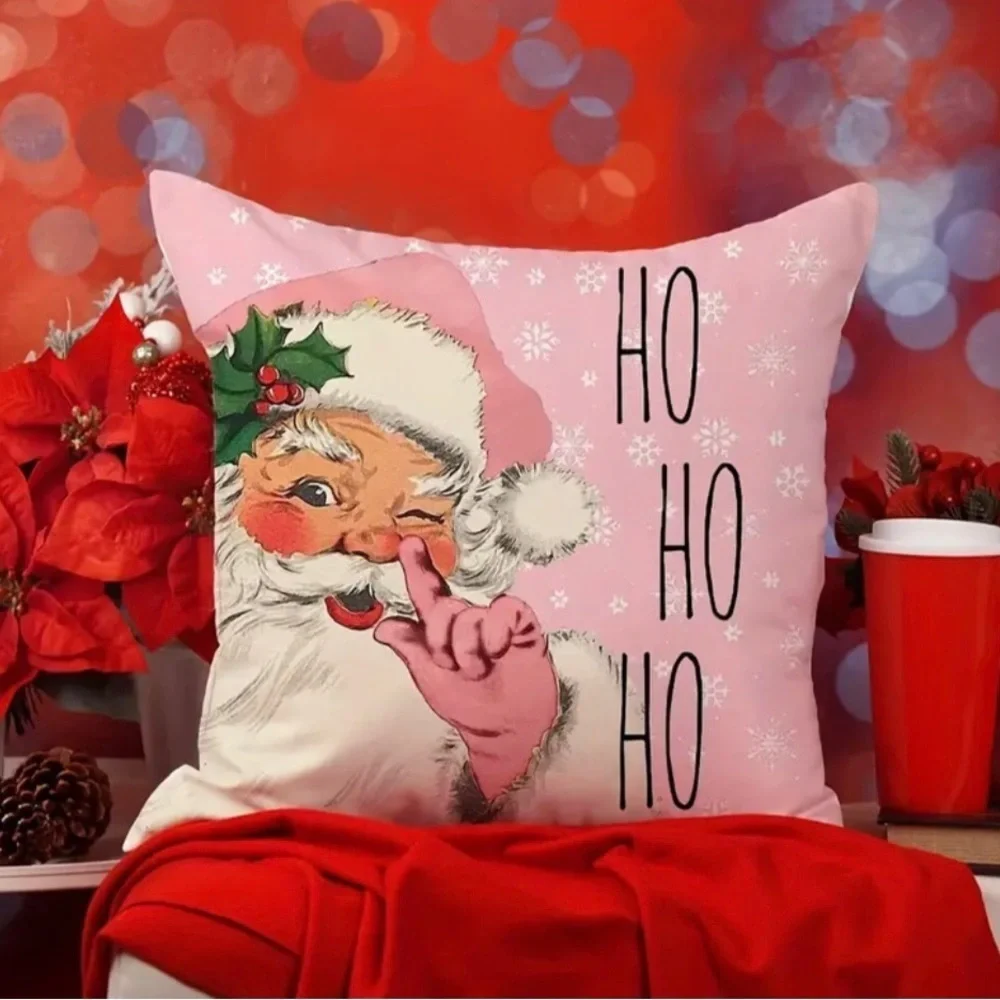 4Pc Vintage Style Christmas Holiday Linen Blend Santa 18” Throw Pillow Covers